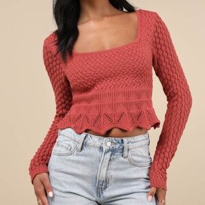 Lulus Lucky Cutie Rust Red Crochet Long Sleeve Sweater Top - Size S